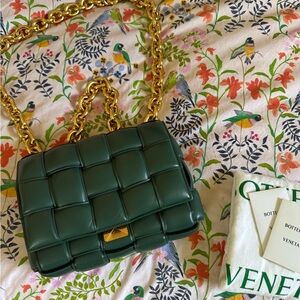 Bottega Veneta Green Lambskin Quilted Cassette Chain Crossbody Bag Purse